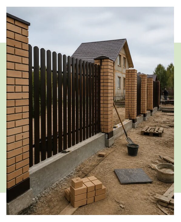 Забор из евроштакетника с кирпичными столбами в Чайковском